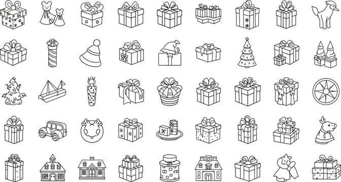 Massive Collection of Outline Christmas Gift Boxes and Diverse Holiday Icons, Intricate Line Art Vector Elements for Detailed Festive Designs
