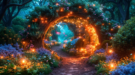Beautiful Fabulous mystical Paradise Garden, mysterious Fairy Tale Summer floral Background