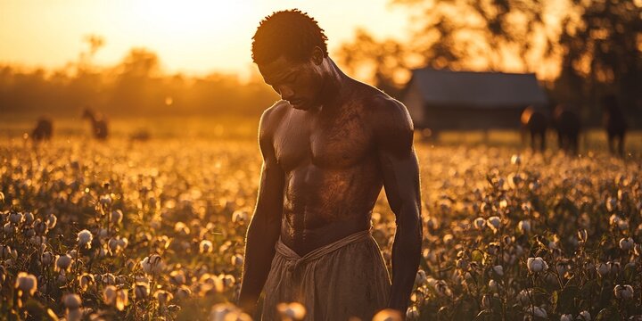 Tired african american slave working in cotton field at sunset