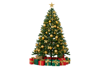 Majestic Christmas tree, green fir, shiny gold ornaments, warm white LED lights, golden star topper, wrapped red/green presents, transparent studio background, elegant holiday display