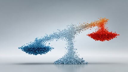 Digital Balance Scale Representing Equilibrium and Imbalance with Blue and Red Particles.