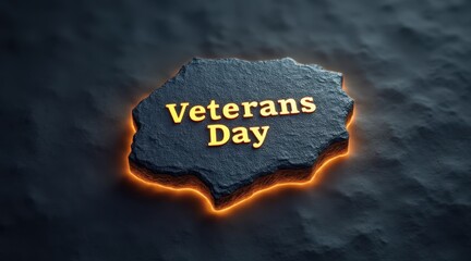 Veterans day stone monument glowing edge illuminated text dark background 3D render memorial design tribute theme bold typography orange light. Glowing stone plaque with warm rim light textured