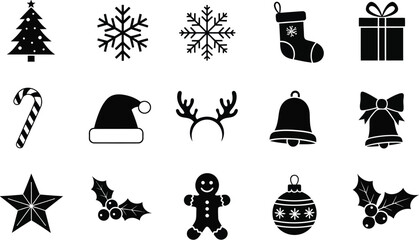 Obraz premium Concise Black Christmas Icons Set with Essential Holiday Symbols, Minimalist Silhouette Vector Graphics for Quick Festive Design Elements