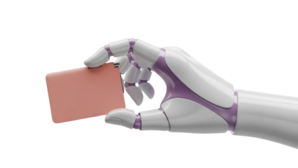 Isolated robot arm holding a modern pink wireless mobile payment terminal, device or gadget