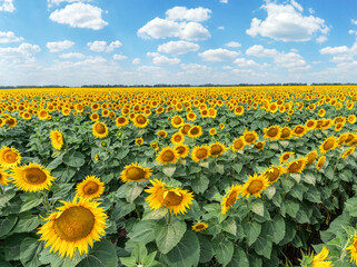 Fototapeta premium Panoramic view of sunflower field and blue sky at the background. Sunflower heads on the foreground close up.