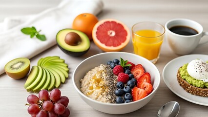 Healthy Breakfast with Fresh Fruits and Coffee.
