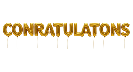 Golden inflatable foil balloons spelling "CONGRATULATIONS", isolated on an immaculate transparent background with copy space, soft high-key studio light. Concept of celebration and achievement
