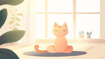 Fototapeta premium 29.A playful vector image of a cat in a meditative Namaste pose, with its tail curled neatly beside it. The background is soft and minimalistic, with soft light filtering through windows,
