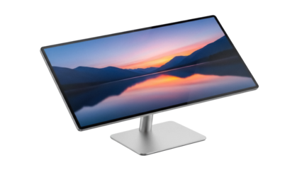 Isolated slim computer monitor with reflection and stand ready for presentation or use, modern style