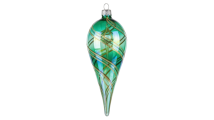 Isolated green glass Christmas ornament teardrop shape with gold stripes for festive holiday decor