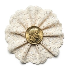Elegant Gold Coin Portrait on Lacy Doily Background