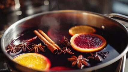 Homemade mulled wine with citrus, spices, and cinnamon gently simmers, releasing festive aromas. The cozy scene evokes holiday gatherings and comforting winter traditions