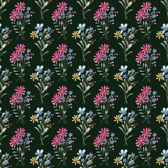 Seamless pattern with wildflowers, repeating paper, dark green background.. Floral backdrop for textile, fabric, wallpaper. Hand drawn flowers.