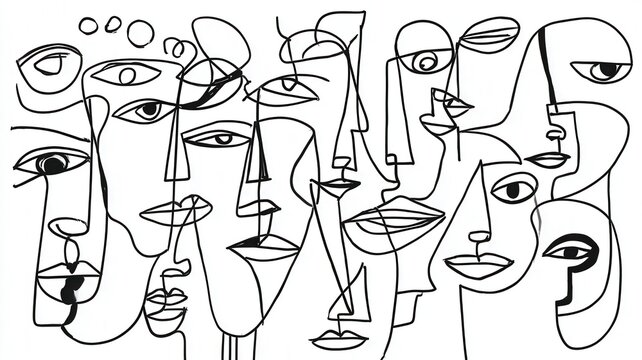 Abstract faces line art drawing representing concept of human connection, identity and diversity, collective