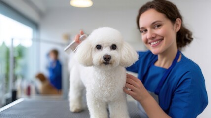 Professional groomer smiling while carefully combing the white fluffy dog, providing excellent pet care and services styling