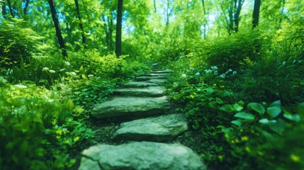 Fototapeta premium Pathway through a green forest with stones and plants in the morning light