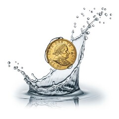 Gold Coin With Water Splash, Isolated on White