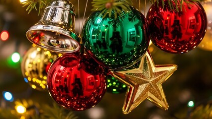 Christmas ornaments red green gold decorations on tree.