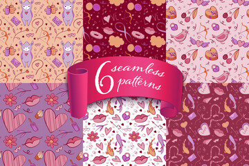 Set of 6 cute Seamless patterns with adorable Valentine doodles: hearts, gifts, arrows, and romantic icons. Playful hand-drawn style for wrapping paper, textiles, wallpapers, and holiday backgrounds.