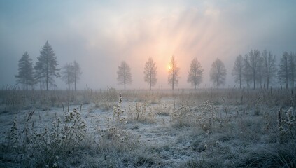 Glowing frost meadow with leafless trees filling rural field at low sun, showing frost grasses