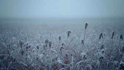 Framing cluster of frost-covered tall grasses and seed heads swaying in marshland, with fog