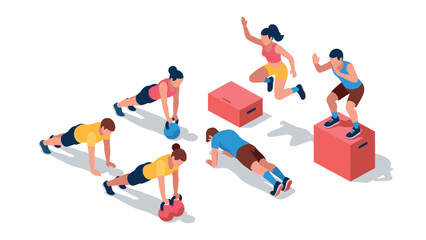 Isometric fitness training group with athletic exercises and equipment