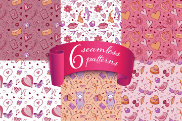 Set of 6 cute Seamless patterns with adorable Valentine doodles: hearts, gifts, arrows, and romantic icons. Playful hand-drawn style for wrapping paper, textiles, wallpapers, and holiday backgrounds.