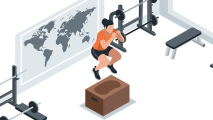 Woman exercising with box jump in gym setting with map in background