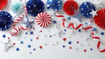 Obraz premium Red, white, and blue decorations aligning top and sides a white wooden surface, creating a patriotic border with text space