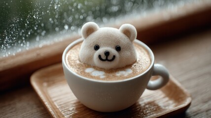 Cute bear latte art sitting a cup a wooden table, enjoying a cozy rainy window day with background