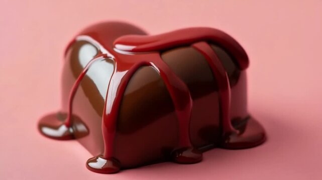 Decadent Chocolate Heart with Red Glaze Drizzle. Warm Brown and Ruby Red on a Gentle Pink Backdrop. Romantic Treat for Love.