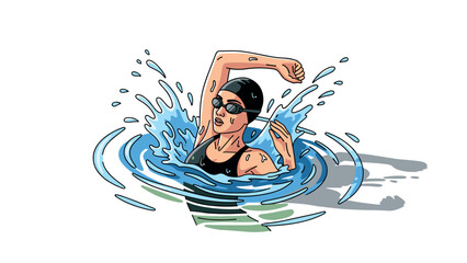 Dynamic swimming athlete in water splashing with hand drawn style