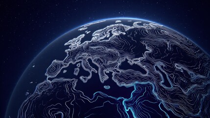 Stunning 3D View of Earth with Detailed Topographical Lines Highlighting Continental Features and Ocean Depths