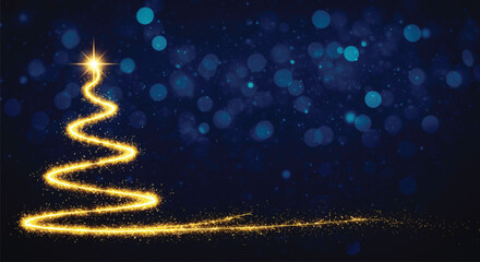 Obraz premium A beautiful abstract representation of a Christmas tree formed by a trail of golden, glittering light particles against a deep, dark blue background.