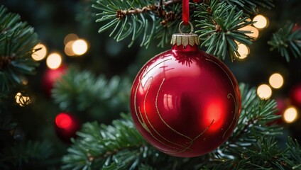 Shiny red Christmas bauble on fir tree branch. Close up of classic red Xmas ornament with lights. Festive red Christmas ball hanging on green pine.