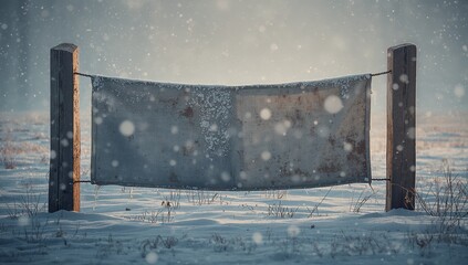 Hanging canvas panel showing frost and icicles in rural snowy field, rope tying posts, snow falling