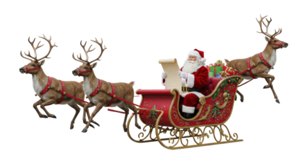 Elderly Santa in red velvet suit reviews list in ornate red/gold sleigh with seven reindeers mid-stride, white studio background, magical Christmas delivery concept.