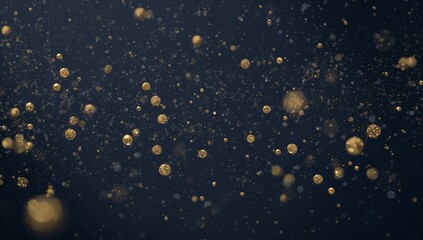 Shimmering gold bokeh particles filling dark navy backdrop, with glitter spheres and dust motes