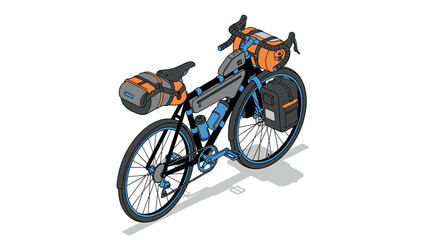 Obraz premium Isometric touring bicycle with luggage in vibrant colors for cycling adventures