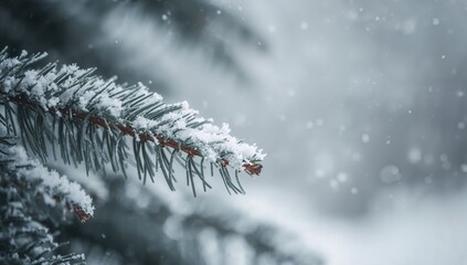 Showing snow-dusted conifer branch extending left in winter park, with frosted needles, snowflakes