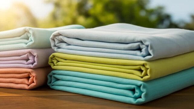 Two stacks of neatly folded pastel fabric on wood, with blurred sunlit greenery background