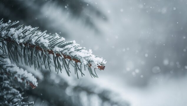 Showing snow-dusted conifer branch extending left in winter park, with frosted needles, snowflakes