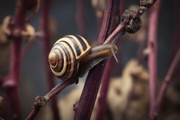 Striped snail climbs burnt vines in a charred landscape, showcasing nature's resilience after fire
