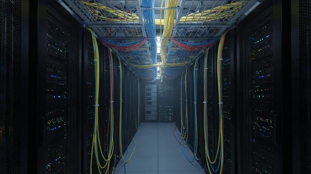 Server Room Corridor: A detailed perspective of server racks in a data center, highlighted by colored cables and the glow of artificial lighting, emphasizing network architecture and information flow.