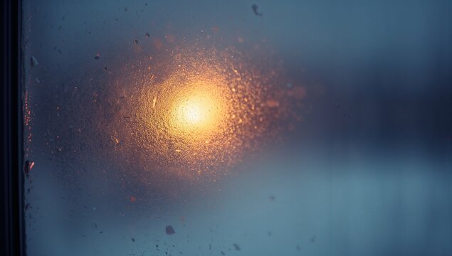 Glowing warm light halo shining through fogged glass pane at home, with droplets smudges frost
