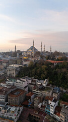 Istanbul cityscape with suleymaniye mosque at sunrise aerial view
