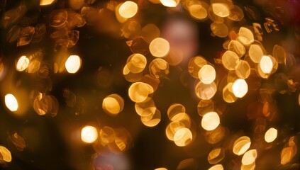 Glowing out-of-focus warm golden bokeh lights filling dim decorated space, with string lights