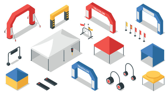 Isometric triathlon event setup with tents and finish lines