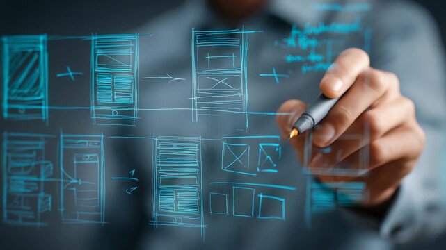 Close up hand drawing wireframe layouts for mobile application, symbolizing UI UX design, digital innovation. Futuristic approach emphasizes technology, creative process in app development
