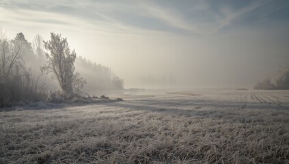 Stretching frost-covered meadow reaching misty horizon at rural field, with frozen river and reeds